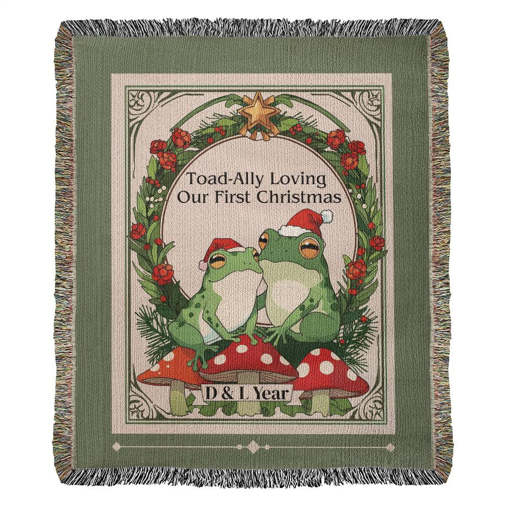 Woven Throw Blanket "Toad-Ally Loving Our First Christmas" Personalizes Initials + Year.