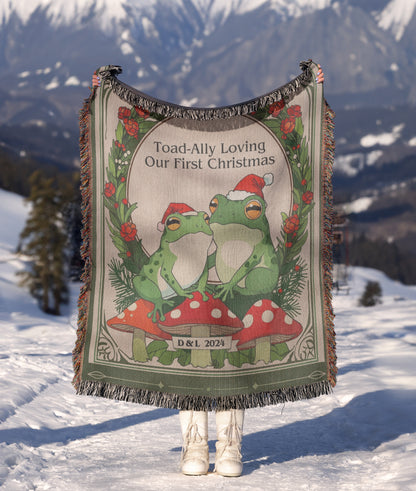 Woven Throw Blanket "Toad-Ally Loving Our First Christmas" Personalizes Initials + Year.